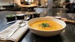 Cremige Karotten-Gemüsesuppe: samtig püriert, mit kleinen Möhrenwürfeln als Einlage