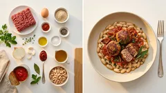 Saftige Hackbällchen in Tomaten-Knoblauch-Sauce – auf cremigen weißen Bohnen