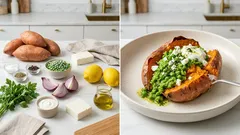 Ofen-Süßkartoffeln mit Zitronen-Erbsenpüree – frisch, vegetarisch und unkompliziert