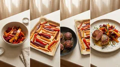 Blech-Frikadellen mit buntem Ofengemüse – würzig mit Ras el-Hanout, kaum Abwasch