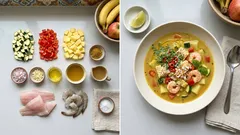 Curry-Gemüsesuppe mit Fisch & Garnelen – schnell gekocht, cremig mit Kokos